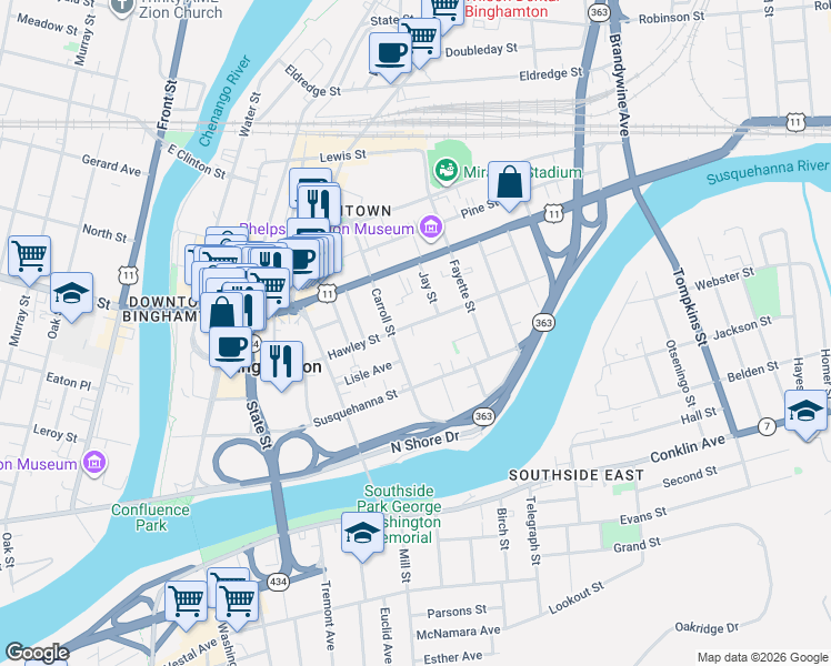 map of restaurants, bars, coffee shops, grocery stores, and more near 50 Carroll Street in Binghamton