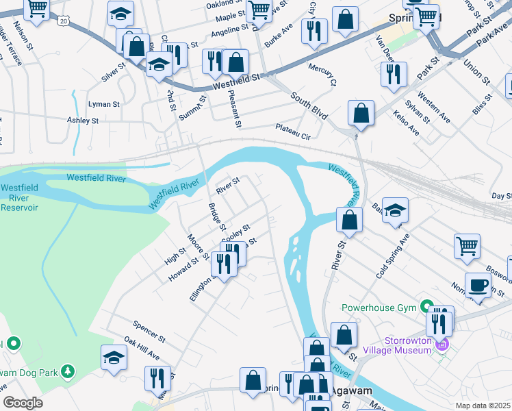 map of restaurants, bars, coffee shops, grocery stores, and more near 33 High Street in Agawam