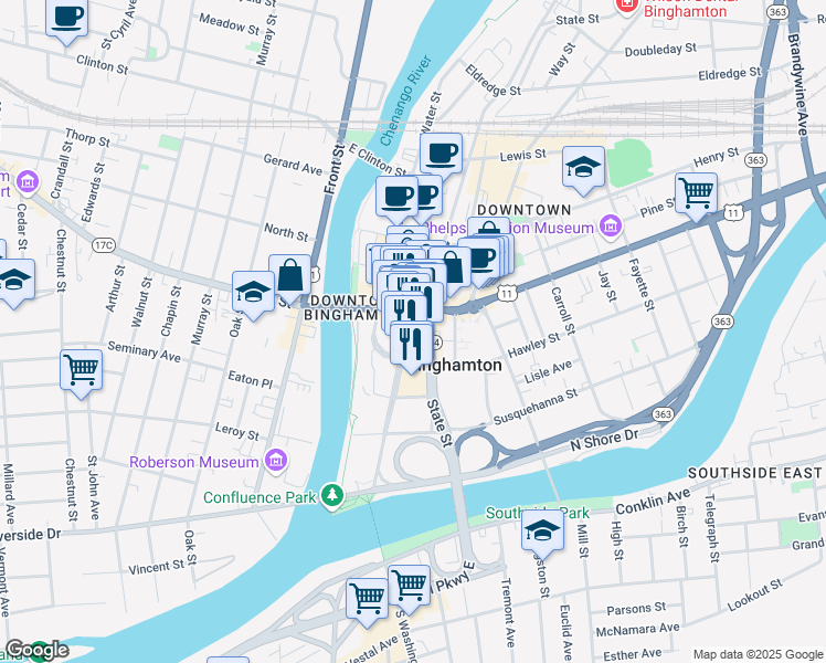 map of restaurants, bars, coffee shops, grocery stores, and more near 4 Pine Street in Binghamton