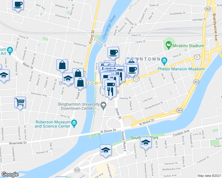 map of restaurants, bars, coffee shops, grocery stores, and more near 4 Pine Street in Binghamton