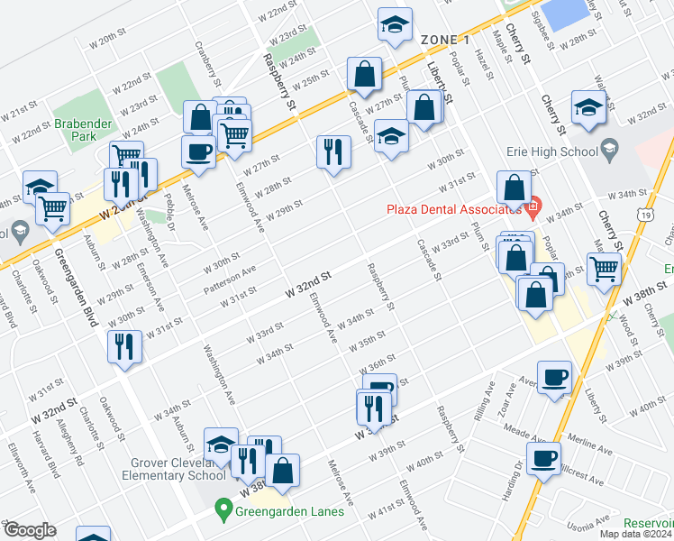 map of restaurants, bars, coffee shops, grocery stores, and more near 1137 West 32nd Street in Erie