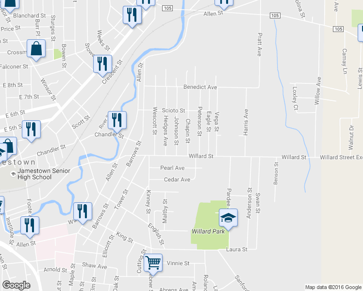 map of restaurants, bars, coffee shops, grocery stores, and more near 45 Chapin Street in Jamestown