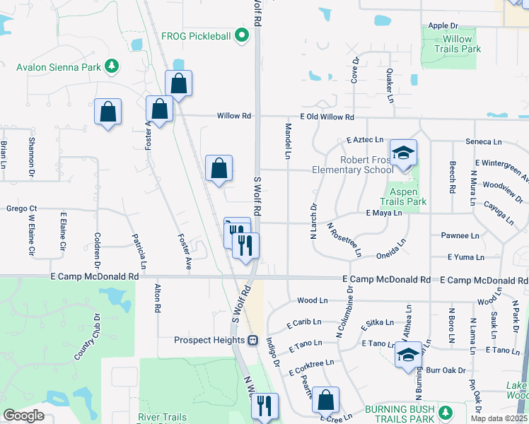 map of restaurants, bars, coffee shops, grocery stores, and more near 105 North Wolf Road in Prospect Heights