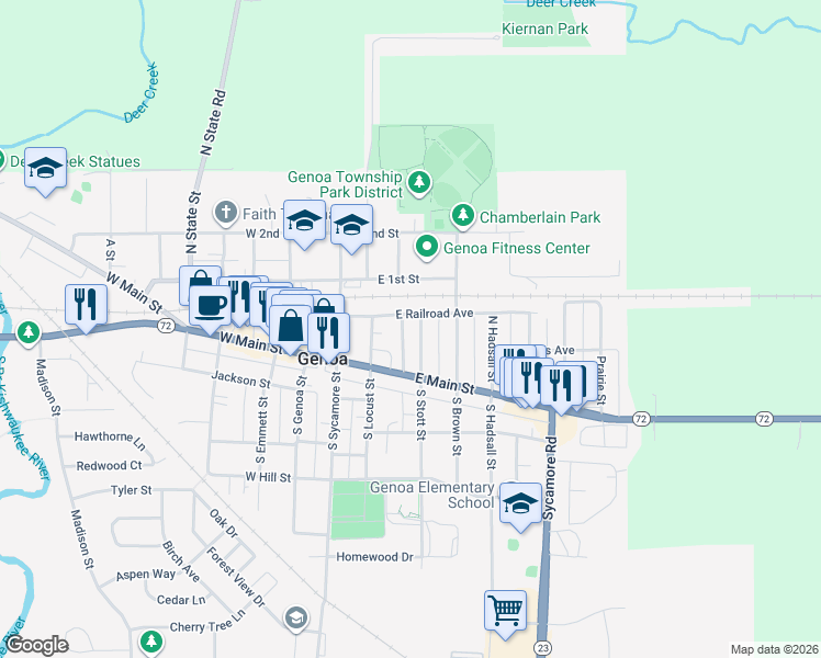 map of restaurants, bars, coffee shops, grocery stores, and more near 121 North Stott Street in Genoa