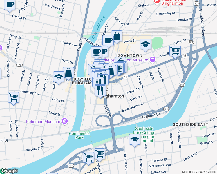 map of restaurants, bars, coffee shops, grocery stores, and more near 80 State Street in Binghamton