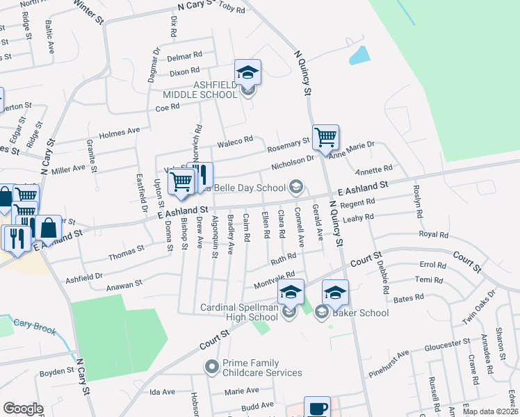 map of restaurants, bars, coffee shops, grocery stores, and more near 60 Ellen Road in Brockton