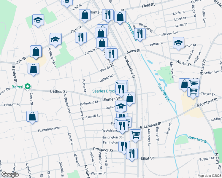 map of restaurants, bars, coffee shops, grocery stores, and more near 45 Battles Street in Brockton
