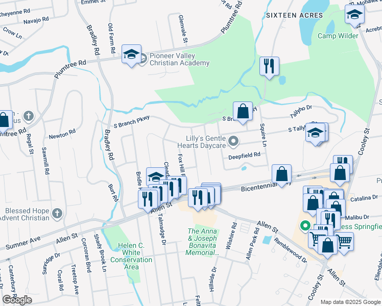 map of restaurants, bars, coffee shops, grocery stores, and more near 72 West Crystal Brook Drive in Springfield