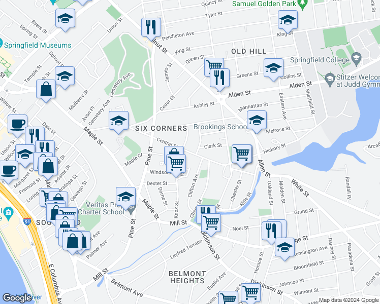 map of restaurants, bars, coffee shops, grocery stores, and more near 347-367 Central Street in Springfield