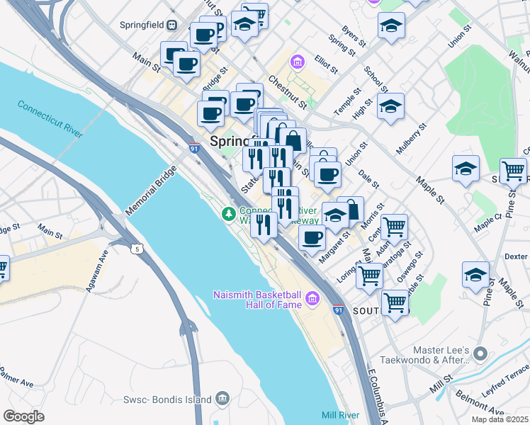 map of restaurants, bars, coffee shops, grocery stores, and more near in Springfield