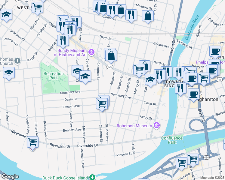 map of restaurants, bars, coffee shops, grocery stores, and more near 49 Seminary Avenue in Binghamton