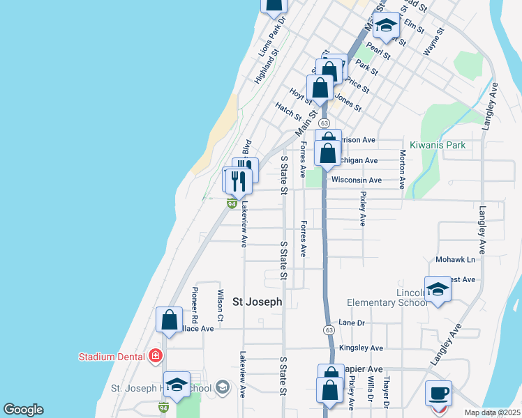 map of restaurants, bars, coffee shops, grocery stores, and more near 1739 Lakeview Avenue in St. Joseph