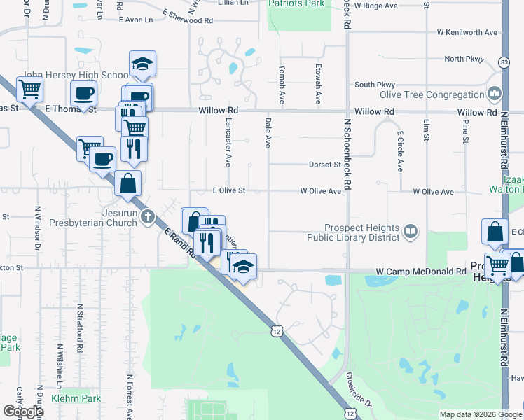 map of restaurants, bars, coffee shops, grocery stores, and more near 1210 Dale Avenue in Arlington Heights