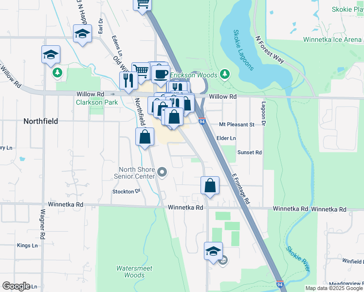 map of restaurants, bars, coffee shops, grocery stores, and more near 1703 Northfield Square in Northfield