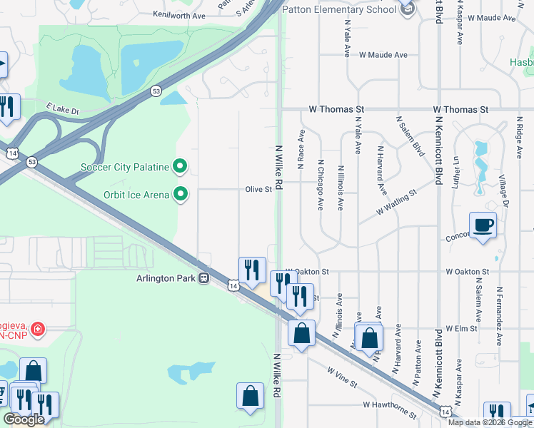 map of restaurants, bars, coffee shops, grocery stores, and more near 656 South Wilke Road in Palatine