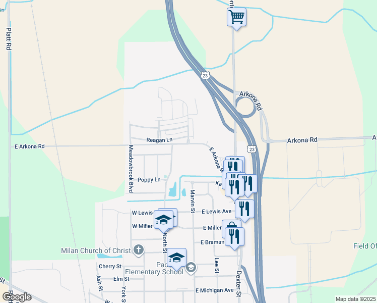 map of restaurants, bars, coffee shops, grocery stores, and more near 870 East Arkona Road in Milan