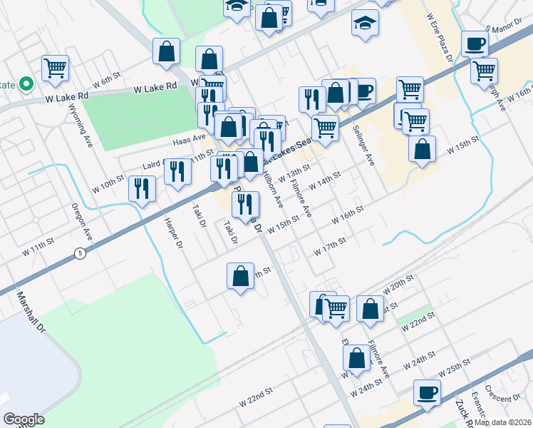 map of restaurants, bars, coffee shops, grocery stores, and more near 1415 Peninsula Drive in Erie