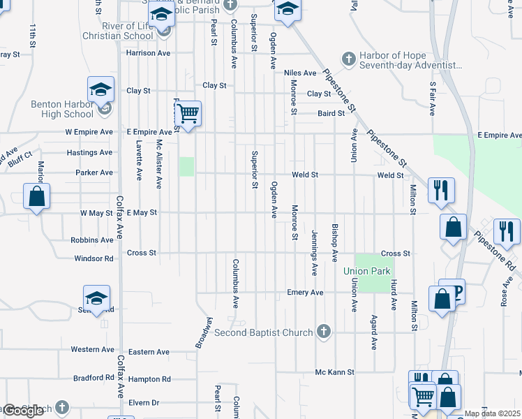 map of restaurants, bars, coffee shops, grocery stores, and more near 1135 Superior Street in Benton Harbor