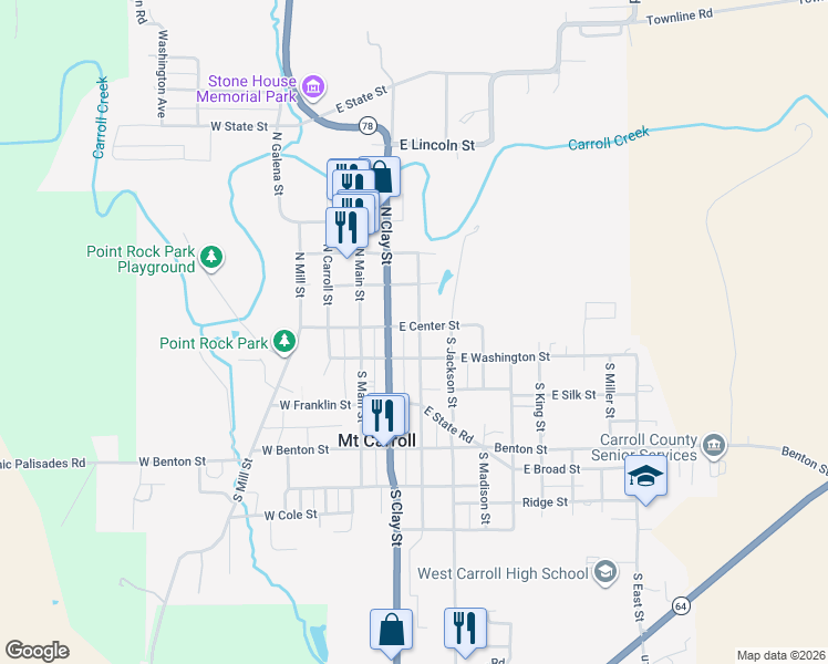 map of restaurants, bars, coffee shops, grocery stores, and more near 113 North College Street in Mount Carroll