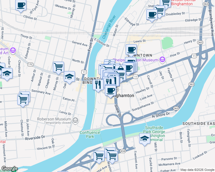 map of restaurants, bars, coffee shops, grocery stores, and more near 116 Washington Street in Binghamton