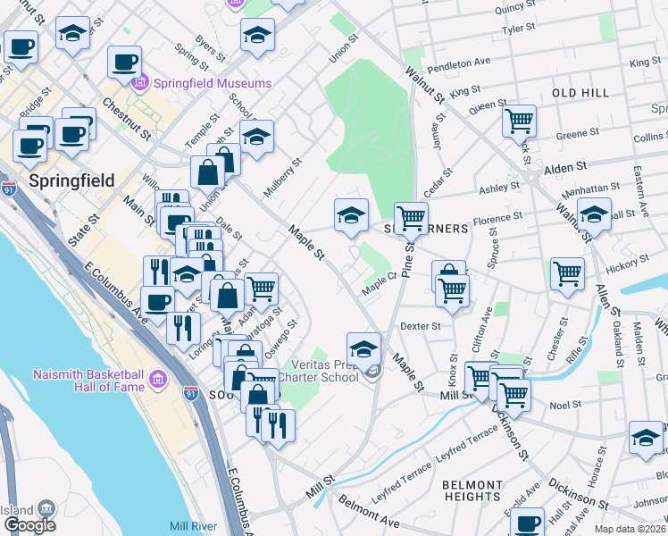 map of restaurants, bars, coffee shops, grocery stores, and more near 275 Maple Street in Springfield