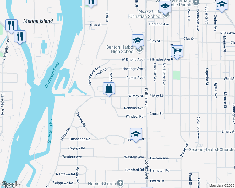 map of restaurants, bars, coffee shops, grocery stores, and more near 277 West May Street in Benton Harbor