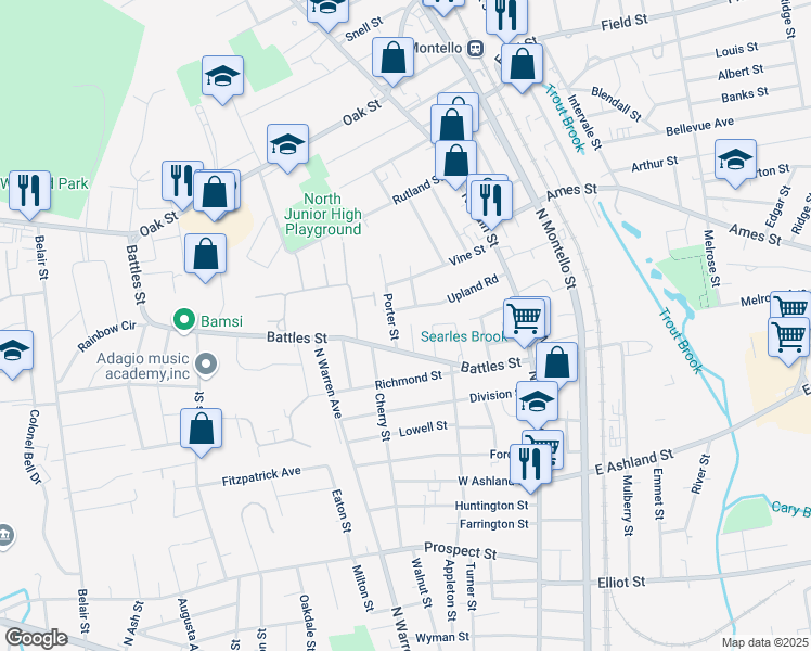 map of restaurants, bars, coffee shops, grocery stores, and more near 118 Battles Street in Brockton