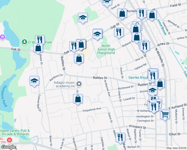 map of restaurants, bars, coffee shops, grocery stores, and more near 218 Battles Street in Brockton