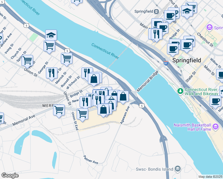 map of restaurants, bars, coffee shops, grocery stores, and more near 40 Century Way in West Springfield