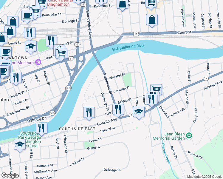 map of restaurants, bars, coffee shops, grocery stores, and more near 30 Jackson Street in Binghamton