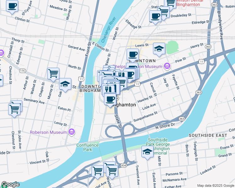 map of restaurants, bars, coffee shops, grocery stores, and more near 17 Hawley Street in Binghamton