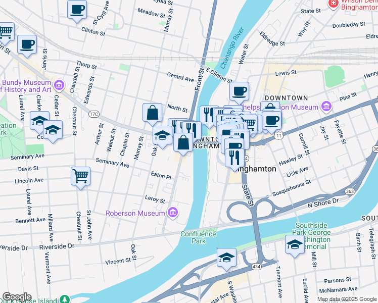 map of restaurants, bars, coffee shops, grocery stores, and more near 80 Front Street in Binghamton