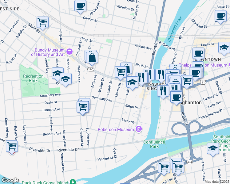 map of restaurants, bars, coffee shops, grocery stores, and more near 22 Seminary Avenue in Binghamton