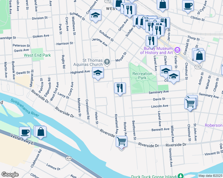 map of restaurants, bars, coffee shops, grocery stores, and more near 69 Kneeland Avenue in Binghamton
