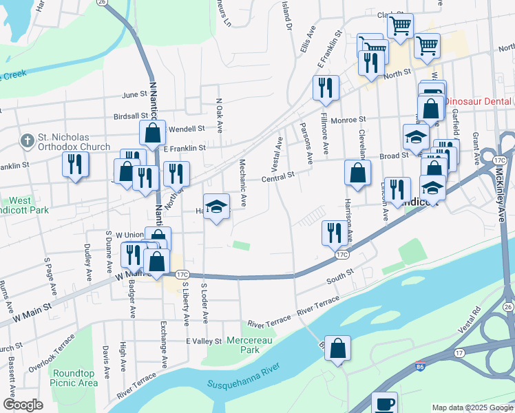 map of restaurants, bars, coffee shops, grocery stores, and more near Andrews Avenue in Endicott