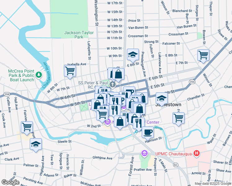 map of restaurants, bars, coffee shops, grocery stores, and more near 401 North Main Street in Jamestown