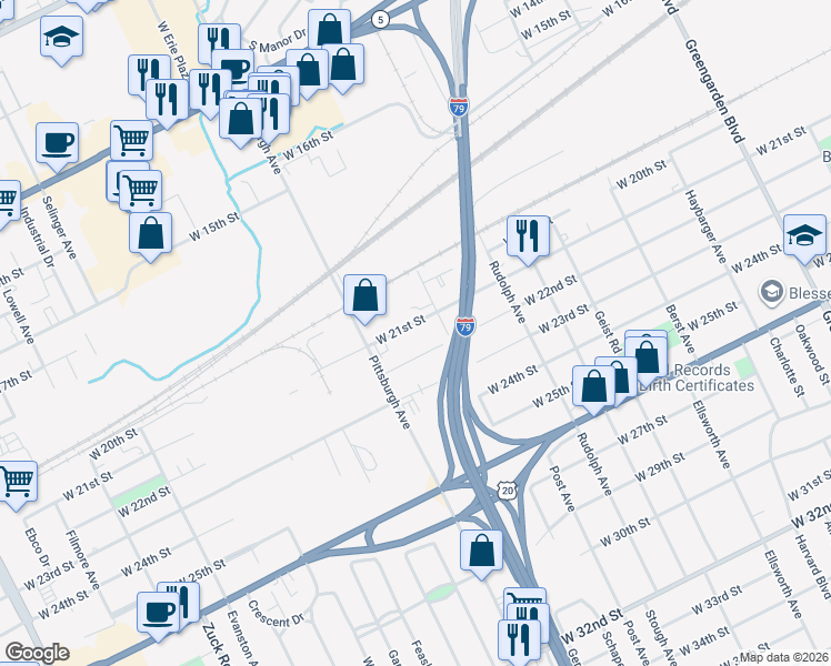map of restaurants, bars, coffee shops, grocery stores, and more near 2141 West 22nd Street in Erie