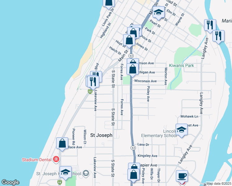 map of restaurants, bars, coffee shops, grocery stores, and more near 1720 Forres Avenue in St. Joseph