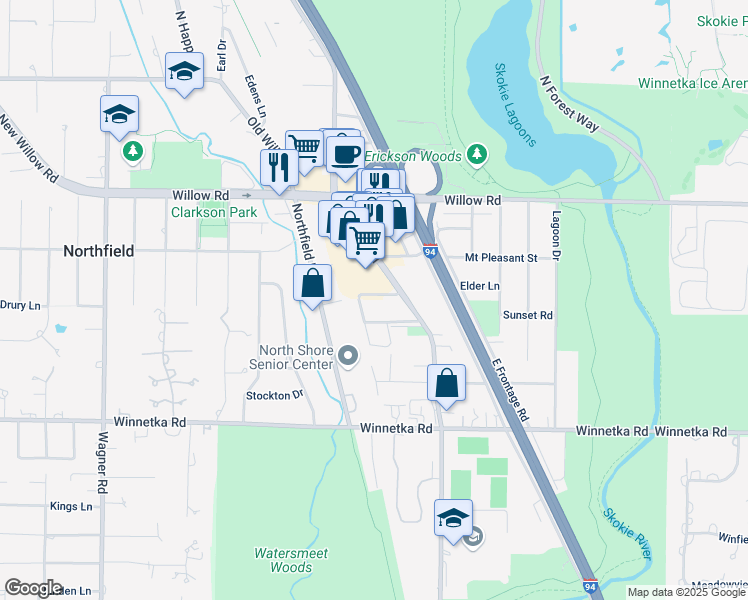 map of restaurants, bars, coffee shops, grocery stores, and more near 1721 Northfield Square in Northfield
