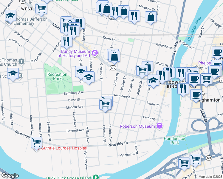 map of restaurants, bars, coffee shops, grocery stores, and more near 49 Seminary Avenue in Binghamton
