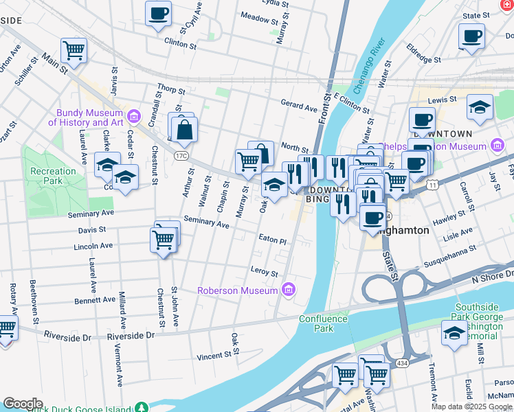 map of restaurants, bars, coffee shops, grocery stores, and more near 2 Chapel Place in Binghamton