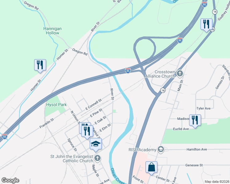 map of restaurants, bars, coffee shops, grocery stores, and more near 1401 River Street in Olean