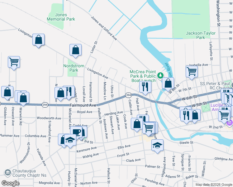 map of restaurants, bars, coffee shops, grocery stores, and more near 282 Fairmount Avenue in Jamestown