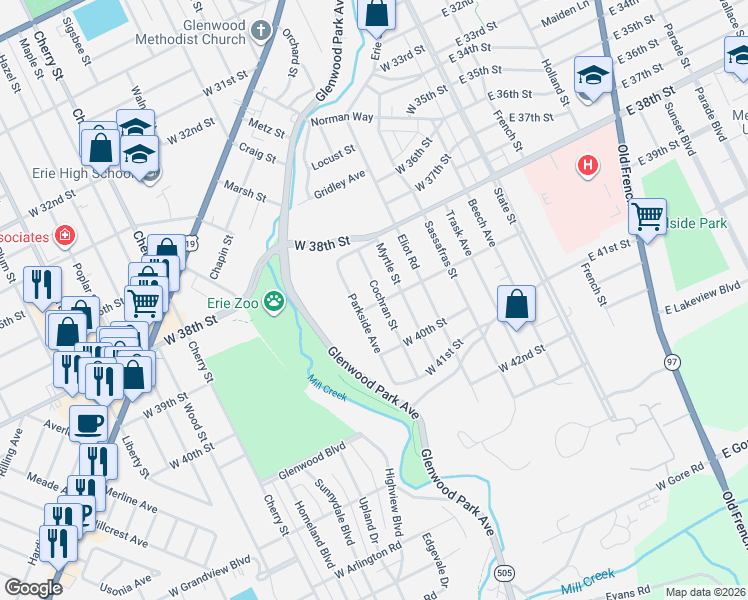 map of restaurants, bars, coffee shops, grocery stores, and more near 3920 Cochran St in Erie