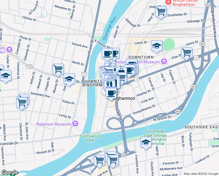 map of restaurants, bars, coffee shops, grocery stores, and more near Washington Street in Binghamton