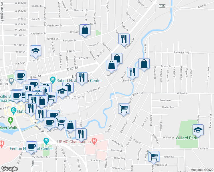 map of restaurants, bars, coffee shops, grocery stores, and more near 201 Chandler Street in Jamestown
