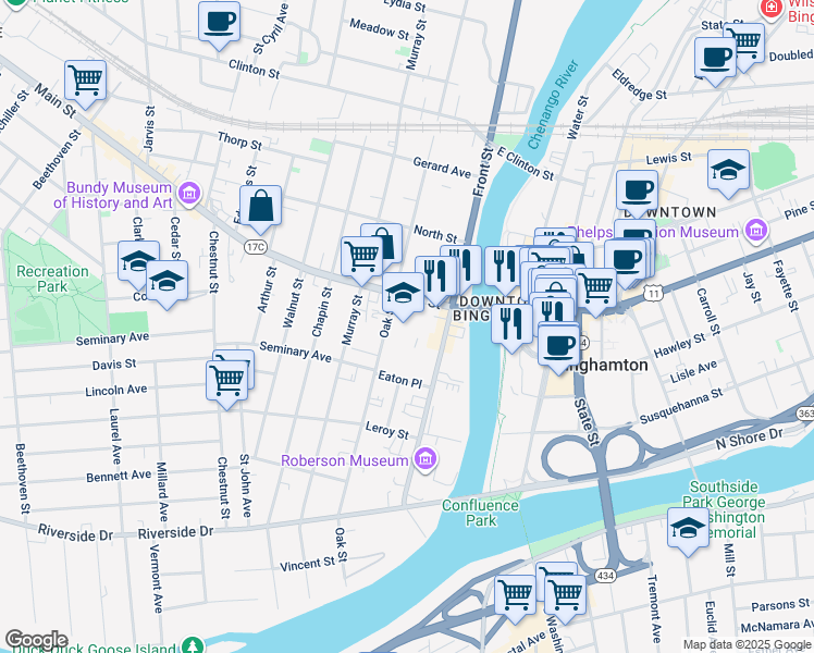 map of restaurants, bars, coffee shops, grocery stores, and more near 31 Main Street in Binghamton