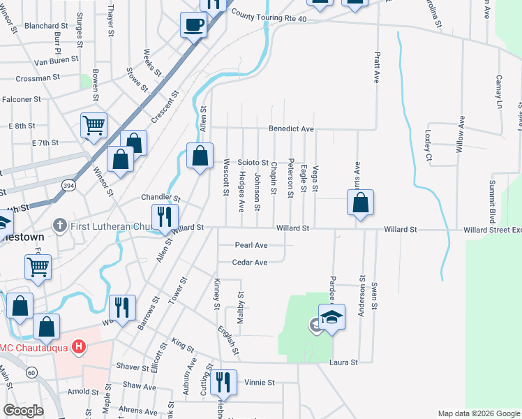 map of restaurants, bars, coffee shops, grocery stores, and more near 45 Chapin Street in Jamestown