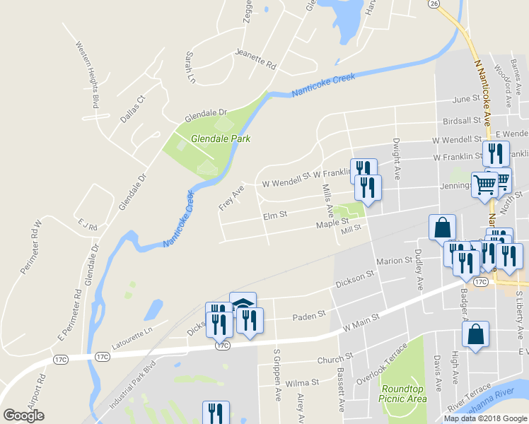 map of restaurants, bars, coffee shops, grocery stores, and more near 639 Elm Street in Endicott