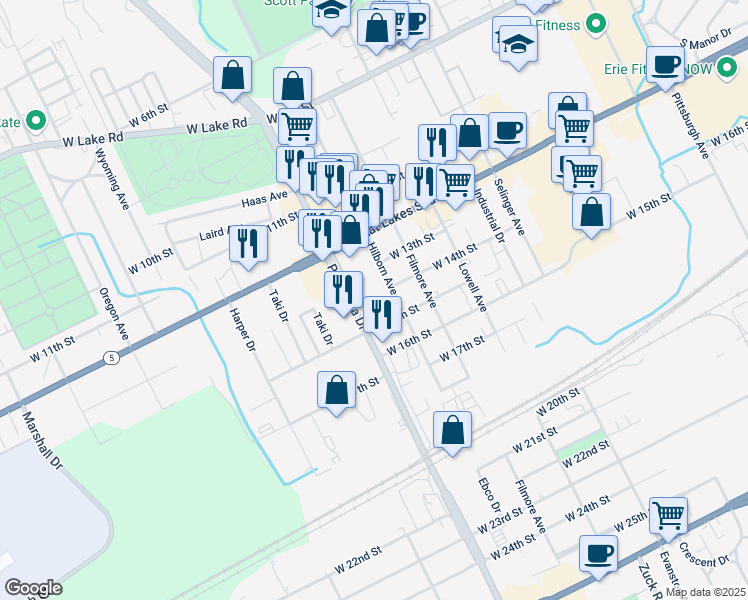 map of restaurants, bars, coffee shops, grocery stores, and more near 1403 Peninsula Drive in Erie